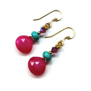 14 KT Gold Filled Wire Wrapped Pink And Turquoise Drop Gemstone Earrin