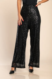 Plus size elegant long pants with sequins, black