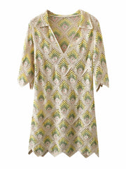BOHO Geometric Rhombus Plaid Hand Crochet Half Flare Sleeve Dress
