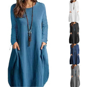 Autumn Cotton Linen Loose Casual Solid Color Pocket Long Sleeve Dress