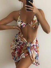 Underwire Sling Bikini+Skirt Cover Up Set Sexy Print Three Piece