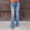 Casual Midi Waist Pocket Slim Jeans Vintage Ripped Hole Tassel Denim