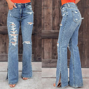 Casual Midi Waist Pocket Slim Jeans Vintage Ripped Hole Tassel Denim