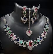 Multicolor Stone Women Necklace Set With Long Maang Tika & Two Drop