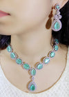 Artificial Diamond Necklace Sea Green Set Cz Stone Party Wear