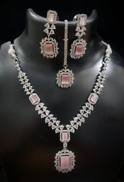 Pink Stone Women Necklace Set With Maang Tika & Two Matching Earring