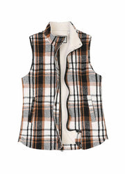 Women's Sherpa Lined Plaid Vest,Snap Button and Zipper Closure