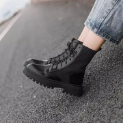 Pu Leather Knitted Women Ankle Boots Lace-up Thick Platform Shoes