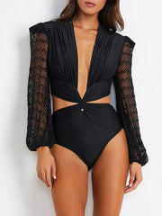 Mesh bodysuits met diepe v-hals Zwart rompertje met lange mouwen