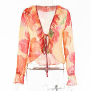 Gedrukte Bloemen Ruffle Chiffon T Shirts Vrouwen V-hals Sexy Lange Mouwen