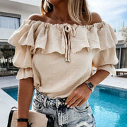 Off-shoulder tie-up trekkoord blouse dames zomer korte mouw ruches