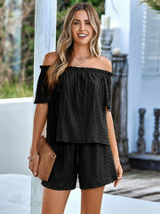 Casual Off-Shoulder Loose Solid Color Short Sleeve Two-Piece Set