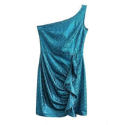 One Shoulder Sleeveless Ruched Blue Sequined Christmas Dress