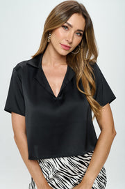 Stretch Satin V neck Crop Top with Collar