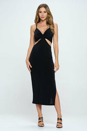 Solid V neck Cutout Dress with Slit