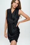 Stretch Satin Ruched Dress with Asymmetrical Hem