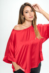 Elastisch satijn effen oversized top met ronde hals