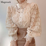 Vintage Solid White Lace Blouse Shirts Women Hollow Casual Ladies