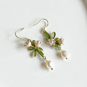 Little White Bell Flower with Pearl Drop Earrings