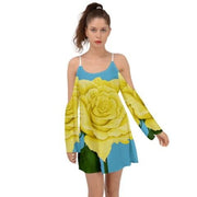 Yellow Aqua Rose Kimono Sleeves Womens Boho Dress